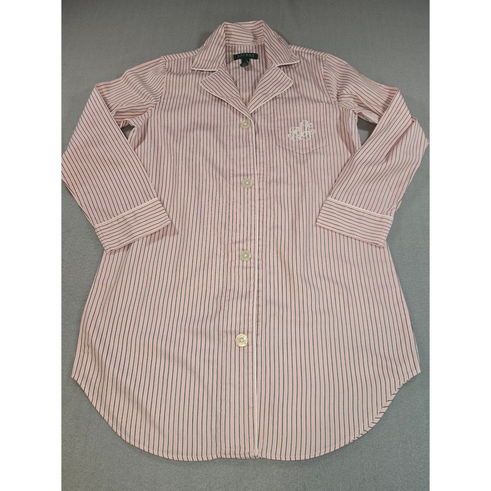 Lauren Ralph Lauren Sleep Shirt Womens S‎ Pink Striped Monogram Cotton Nightgown
